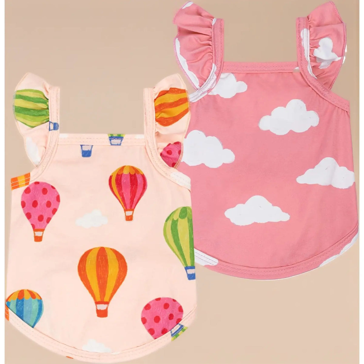Sweet Summer Ruffle Dog Shirt – 2 Pack Hot Air Balloon & Cloud Print, Hawaiian Outfit for Small Girl Dogs, Cute Beige & Pink Pet Clothes, XXL