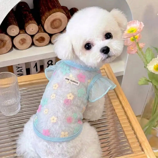 Pet Polyester Vest Shirt - Spring Summer Breathable Mesh UV Protection Outfit, Cute Daisy Flocked Print Lightweight Fit Multi-Size Tank Top for Dogs