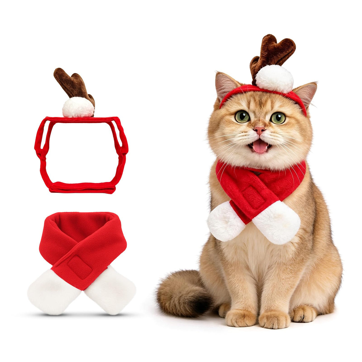 Cat Santa Hat with Scarf, Christmas Hats for Cats Small Dog Santa Hat Christmas Costume for Cat Rabbit Puppy Doll Decoration, Red S