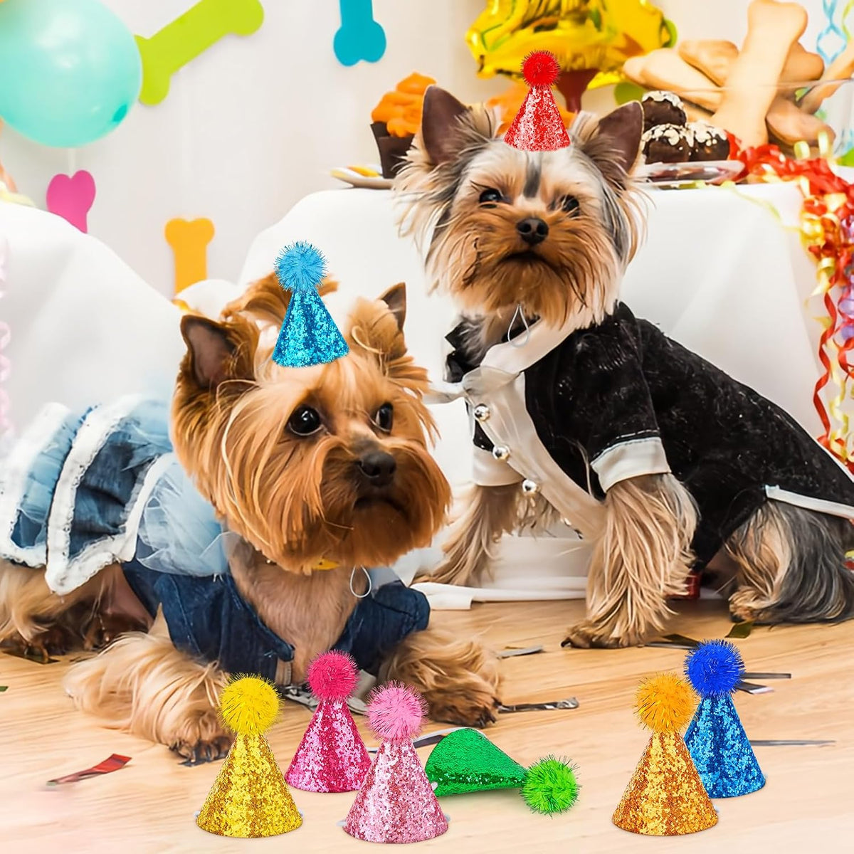 Hooqict 10 PCS Mini Small Party Hats for Stuffed Animals Birthday Party Cone Hats with Pom Poms for Baby Small Dogs Cats Party Animals Toy Figures, Assorted