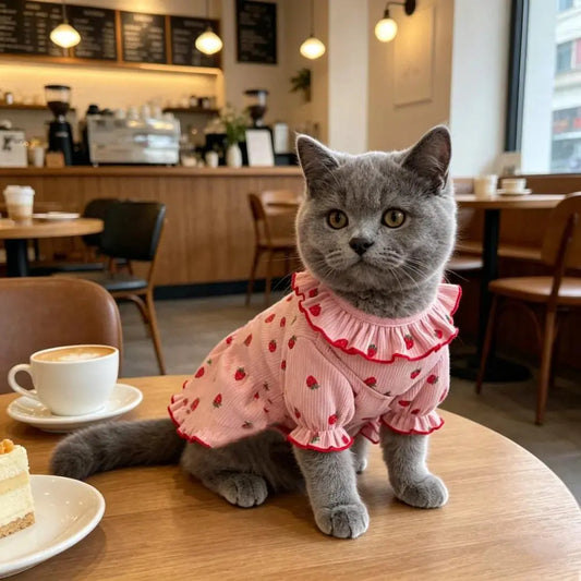 1pc Spring and summer thin lace printed pet clothes, cute strawberry printed small and medium-sized pet short sleeves
