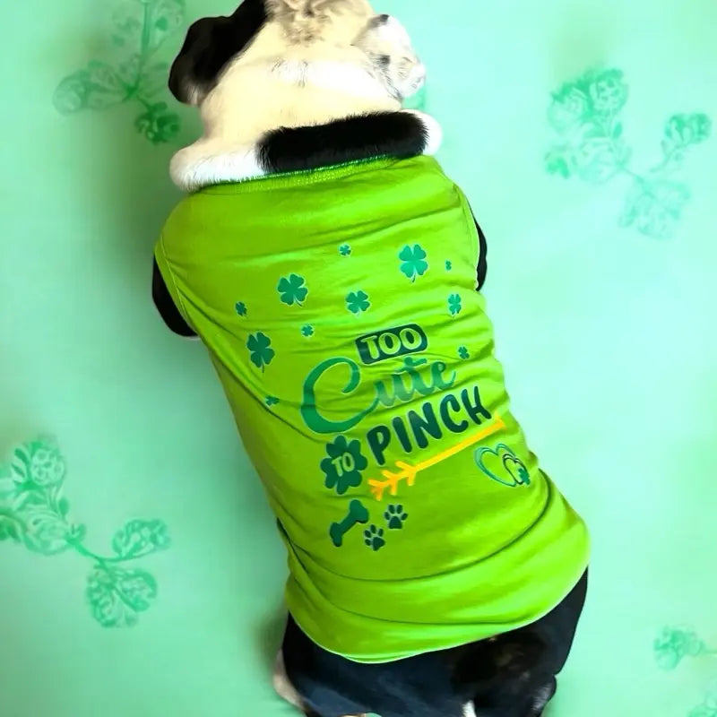 Too Cute To Pinch St Patrick’s Day Dog T-Shirt - Green with St Patrick’s Day Design, Features Shamrock and Bone Graphics