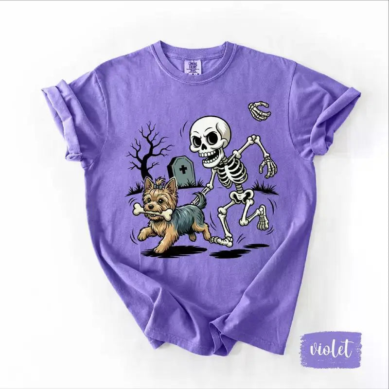 Comfort Colors Violet Custom Halloween Skeleton Dog T-Shirt, 50+ Dog Breeds Available, Funny Spooky Season Pet Lover Tee