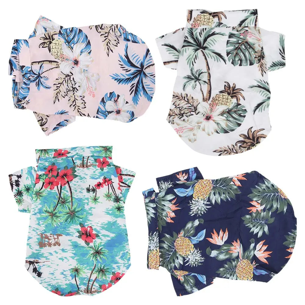 Puppy Size 4-Piece Lapel Button-Up Shirts, Hawaiian Beach Tropical Floral Print Chiffon Fabric Lightweight Fit Summer Tops, Sohochic
