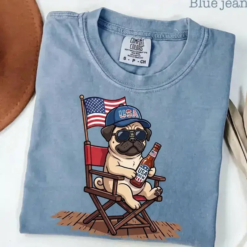 [BLUE JEAN] Comfort Colors Blue Jean Custom 50 Dog 4th of July Ivory Shirt, USA Dog Drinking Beer Tee, Patriotic Puppy Independence Day Shirt, Funny Dog