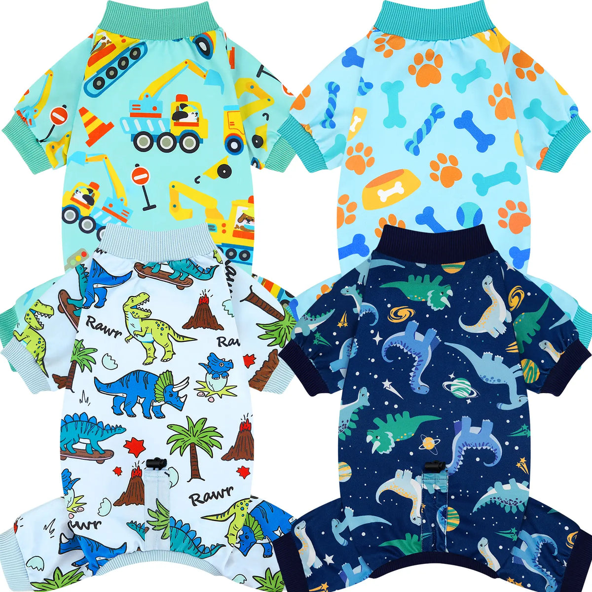 XPUDAC Dinosaurs-4 Pack Adjustable Fit Dog Pajama Set - Cartoon Footprints, Excavator Patterns, Drawstring, Warm, Breathable Stretchy Outfits for Boy Dogs, Cute Daily Wear & Photoshoots,Festive Christmas Halloween Gift,sohochic