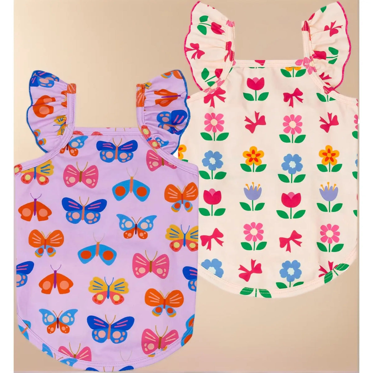 Sweet Summer Ruffle Dog Shirt – 2 Pack Hot Air Balloon & Cloud Print, Hawaiian Outfit for Small Girl Dogs, Cute Beige & Pink Pet Clothes, XXL