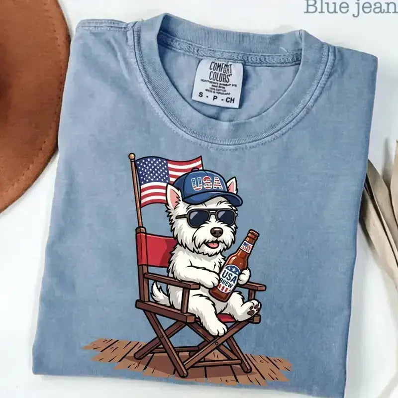 [BLUE JEAN] Comfort Colors Blue Jean Custom 50 Dog 4th of July Ivory Shirt, USA Dog Drinking Beer Tee, Patriotic Puppy Independence Day Shirt, Funny Dog