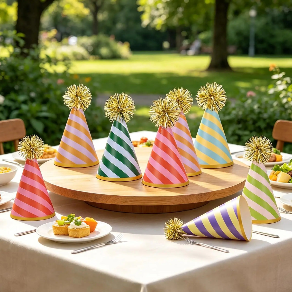 Whaline 24-Pcs Striped Paper Cone Party Hats Set, 4.3x7.5in with Gold Pom-Poms, Fun Decoration & Photo Prop for Kids/Adults, Birthday Festive Supplies