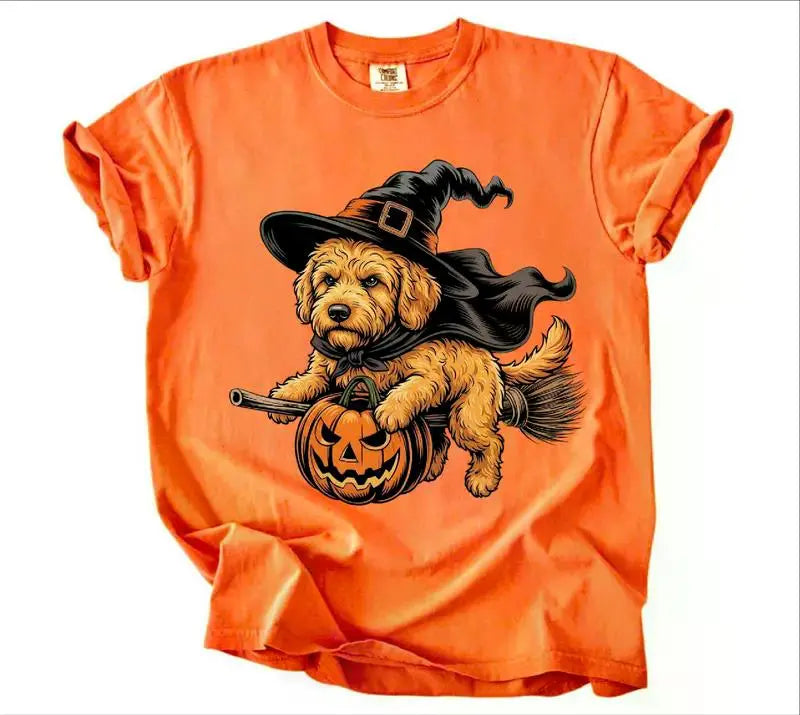 Comfort Colors Burnt Orange Custom Witch Costume Dog Halloween T-Shirt, 50+ Dog Breeds Available, Funny Spooky Pet Lover Tee