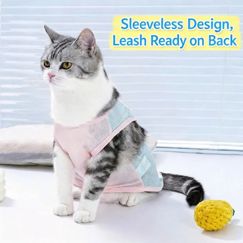 Pet Summer Macaron Ice Silk Mesh Sunscreen Cool Traction Tank Top Shirt, Made of High Elasticity, Lightweight, Cool and Breathable Fabric, Suitable for Small and Medium sized Kittens, Cats and Dogs for Outdoor Outside Traction, Ideal Summer Clothes