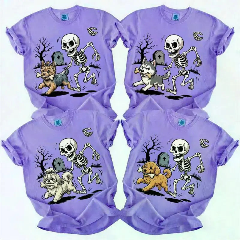 Comfort Colors Violet Custom Halloween Skeleton Dog T-Shirt, 50+ Dog Breeds Available, Funny Spooky Season Pet Lover Tee