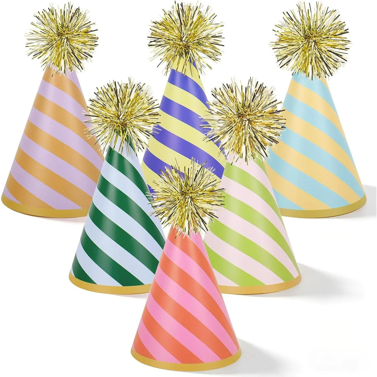 Whaline 24-Pcs Striped Paper Cone Party Hats Set, 4.3x7.5in with Gold Pom-Poms, Fun Decoration & Photo Prop for Kids/Adults, Birthday Festive Supplies