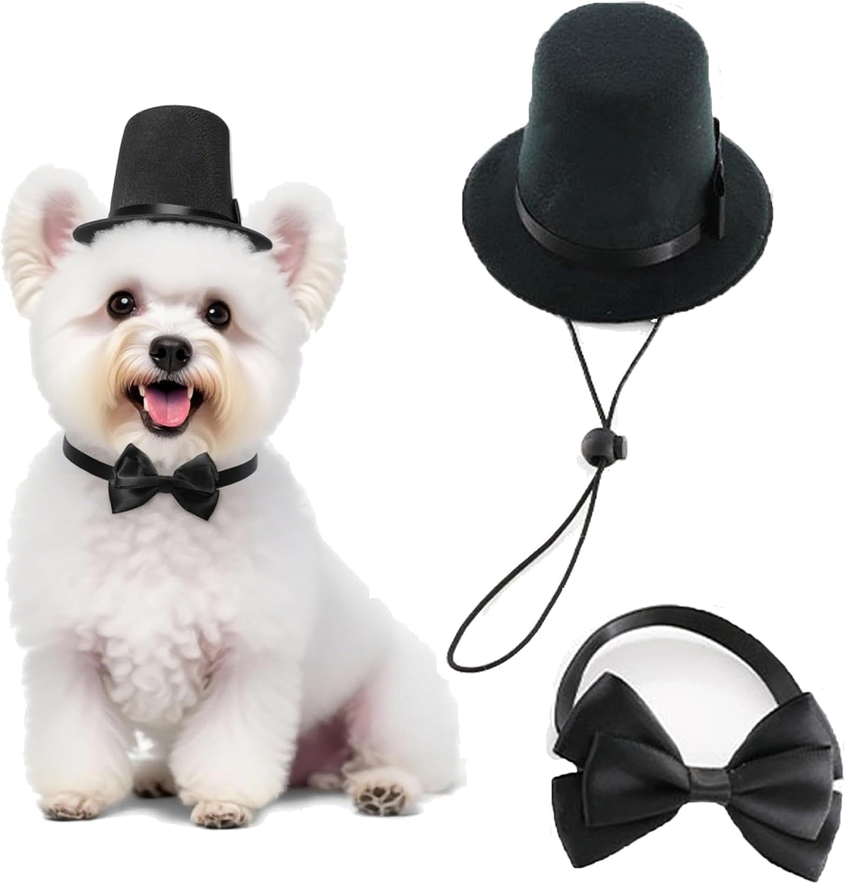 Qiansail 2Pcs Pet Formal Accessories Set Dog Top Hat with Bowtie Cat Tuxedo Necktie Costumes for Halloween Birthday Party (Black)