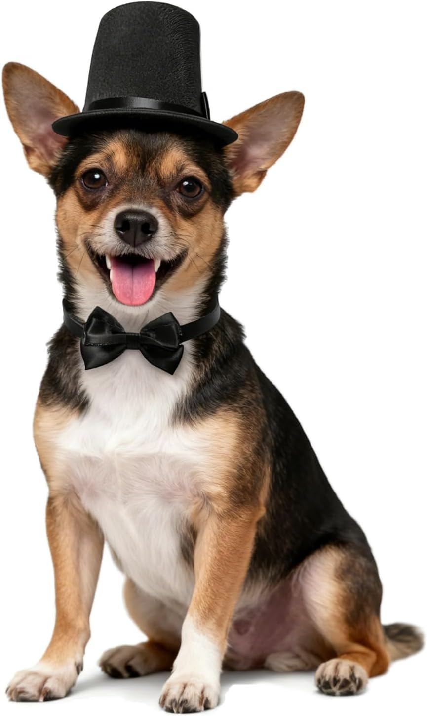 Qiansail 2Pcs Pet Formal Accessories Set Dog Top Hat with Bowtie Cat Tuxedo Necktie Costumes for Halloween Birthday Party (Black)