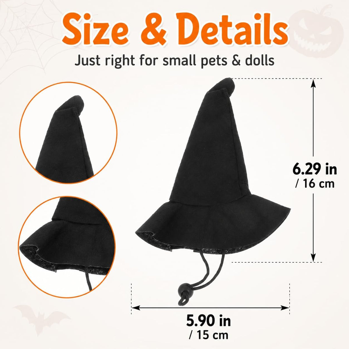 2Pcs Witch Hat for Pets and Dolls: Halloween Little Cat Dog Witch Hat for Crafts Decor Pet Cone Cap with Strap, Halloween Party Dolls Costume Accessories Cosplay