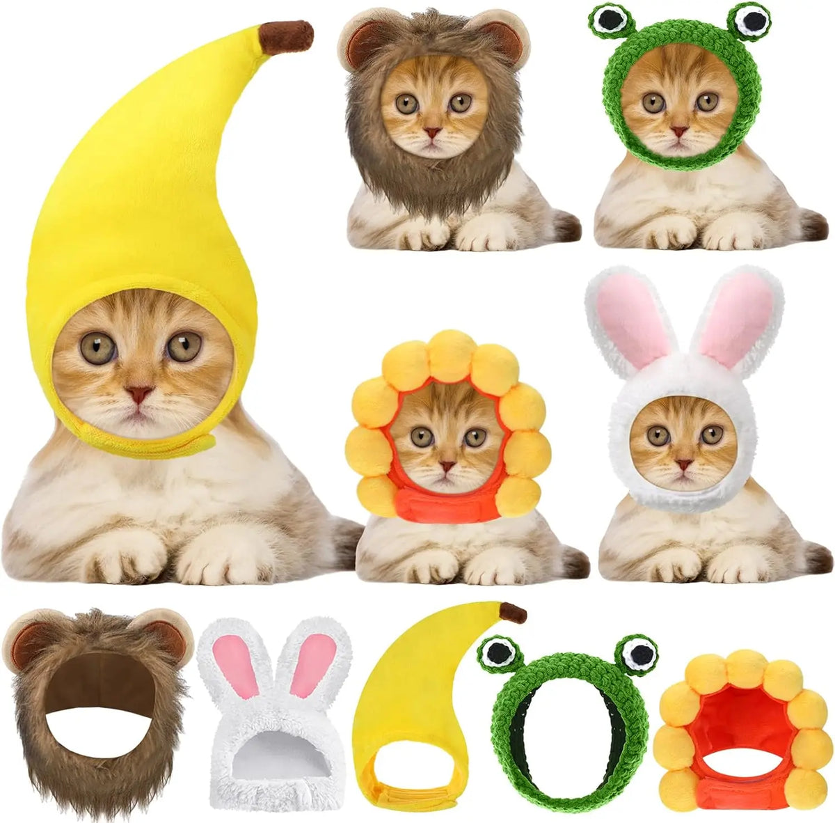 5 Pcs Cat Adorable Costume Bunny Hat with Ears Funny Mane Cat Hat for Pets and Small Dogs Kitten Puppy Party Costume Accessory Headwear(Avocado, Orange, Strawberry, Pineapple, Frog)