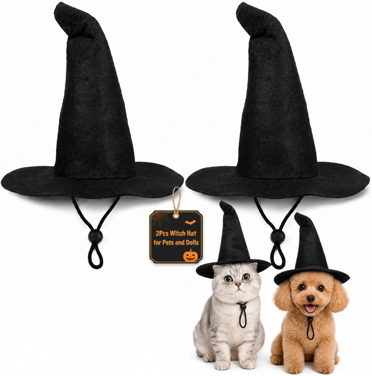 2Pcs Witch Hat for Pets and Dolls: Halloween Little Cat Dog Witch Hat for Crafts Decor Pet Cone Cap with Strap, Halloween Party Dolls Costume Accessories Cosplay