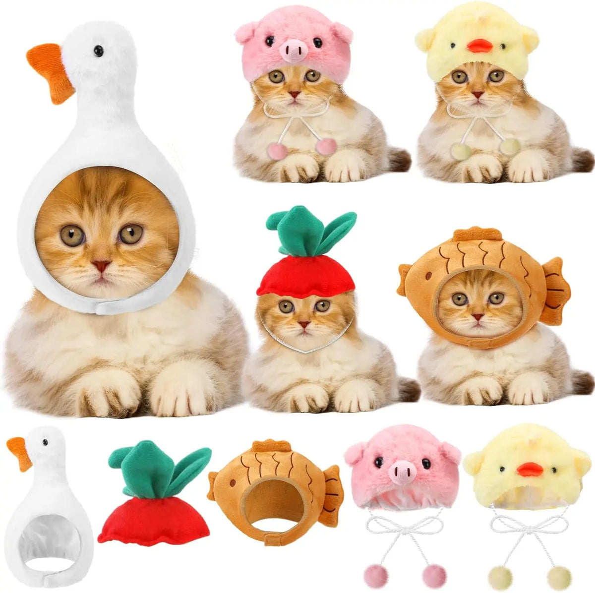 5 Pcs Cat Adorable Costume Bunny Hat with Ears Funny Mane Cat Hat for Pets and Small Dogs Kitten Puppy Party Costume Accessory Headwear(Avocado, Orange, Strawberry, Pineapple, Frog)