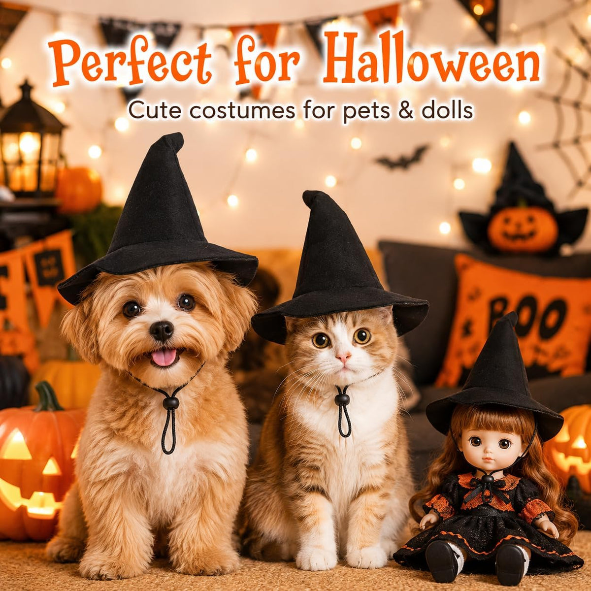 2Pcs Witch Hat for Pets and Dolls: Halloween Little Cat Dog Witch Hat for Crafts Decor Pet Cone Cap with Strap, Halloween Party Dolls Costume Accessories Cosplay