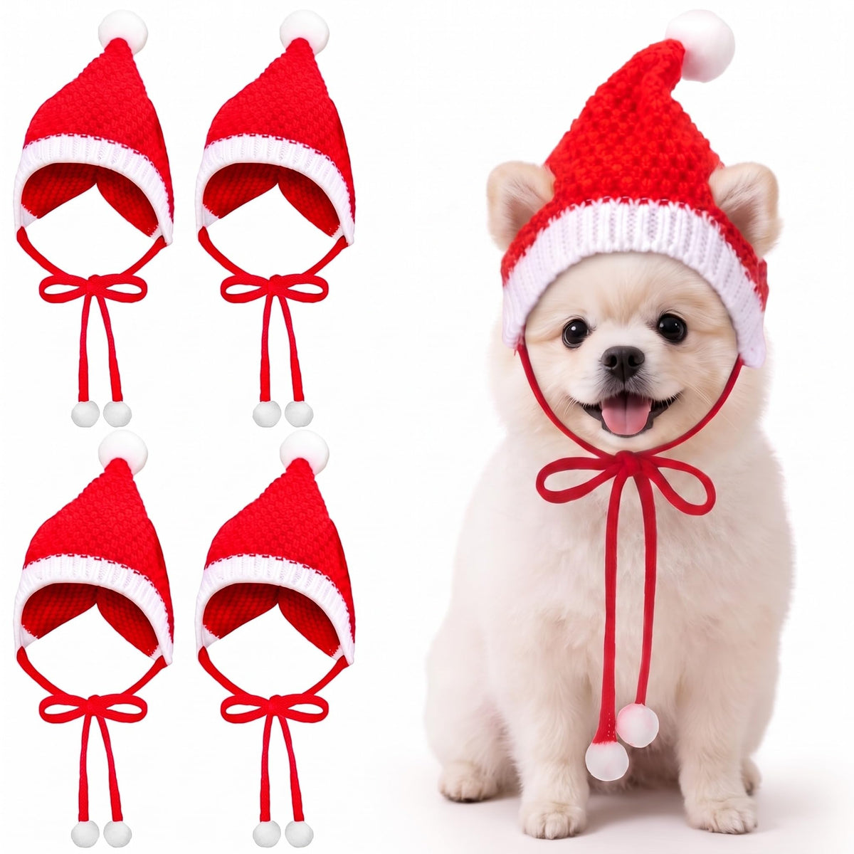 Dansydaisy 4 Pack Christmas Knitted Dog Santa Hats, Multicolor, Small