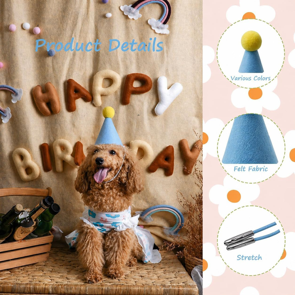 Mini Party Hats for Stuffed Animals 6 Pcs Birthday Party Cone Hats for Dogs
