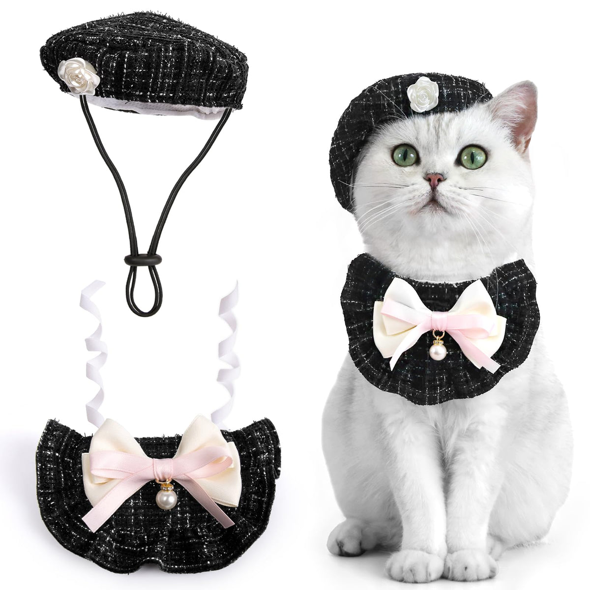 HOWWFALY 2PCS Cat Beret Hat with Pearl Bowtie, Adjustable Bandana Scarf Set Pet Princess Costume for Halloween Christmas, Cat Dog Birthday Party Apparel(Black Pearl)