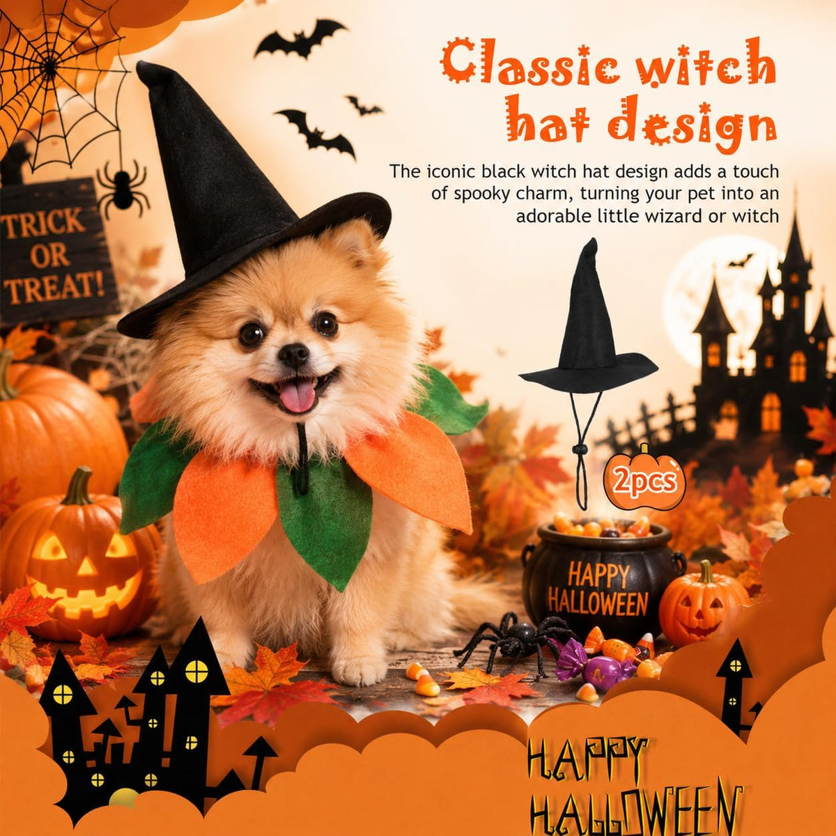 2Pcs Witch Hat for Pets and Dolls: Halloween Little Cat Dog Witch Hat for Crafts Decor Pet Cone Cap with Strap, Halloween Party Dolls Costume Accessories Cosplay