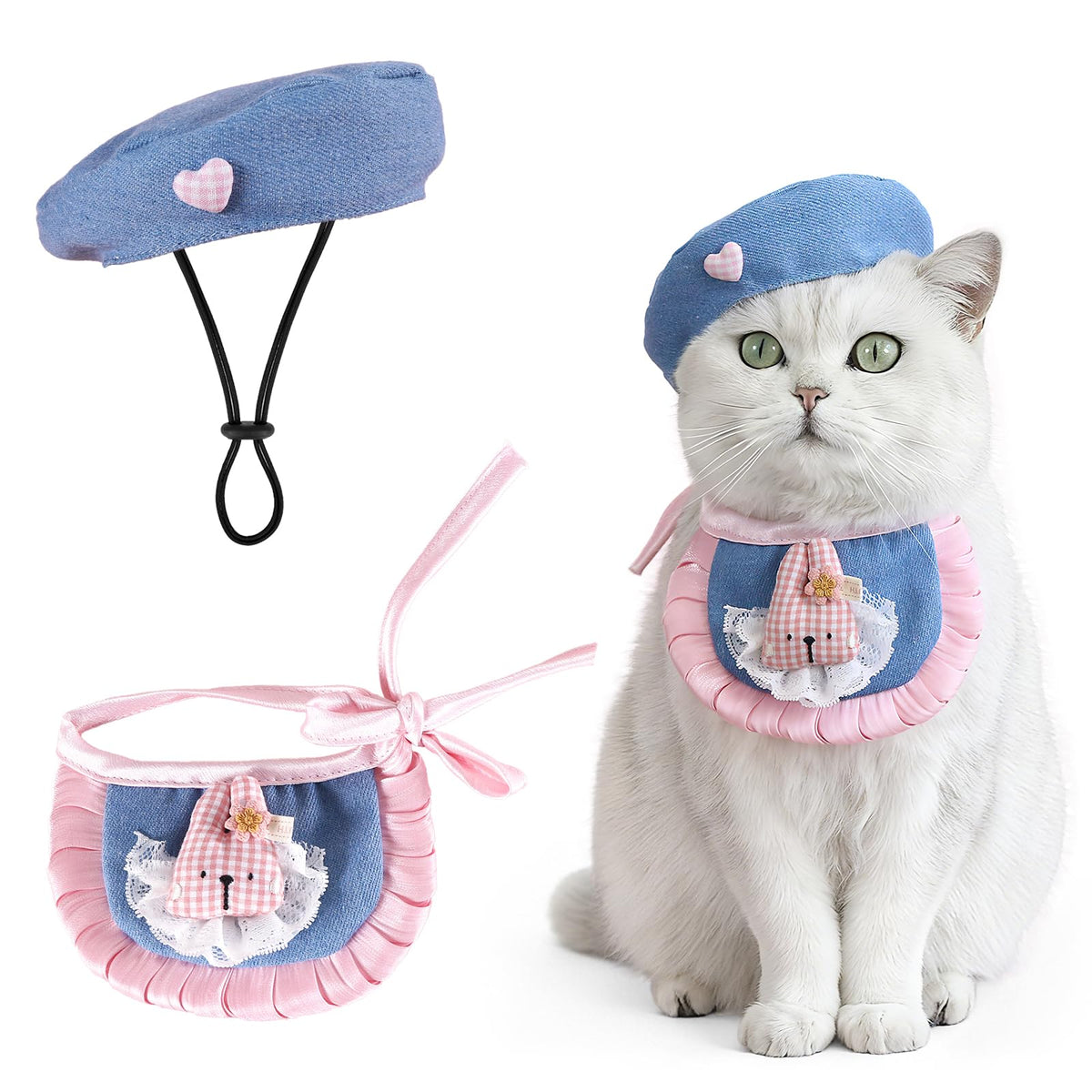 HOWWFALY 2PCS Cat Beret Hat with Pearl Bowtie, Adjustable Bandana Scarf Set Pet Princess Costume for Halloween Christmas, Cat Dog Birthday Party Apparel(Black Pearl)