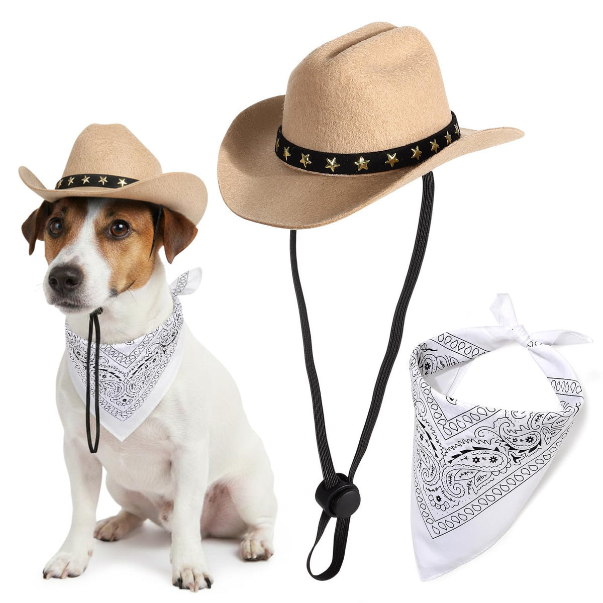 Pet Cowboy Costume, Dog Cowboy Hat with Bandana Scarf, Adjustable Cat Cowboy Hat for Party Cosplay Christmas, Halloween Cowboy Costumes for Small Pet Dogs Cats (Khaki, Small)