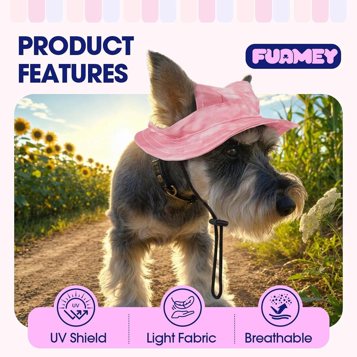 FUAMEY Dog Bucket Hat with Ear Holes Adjustable Sun Hats for Dogs Cats