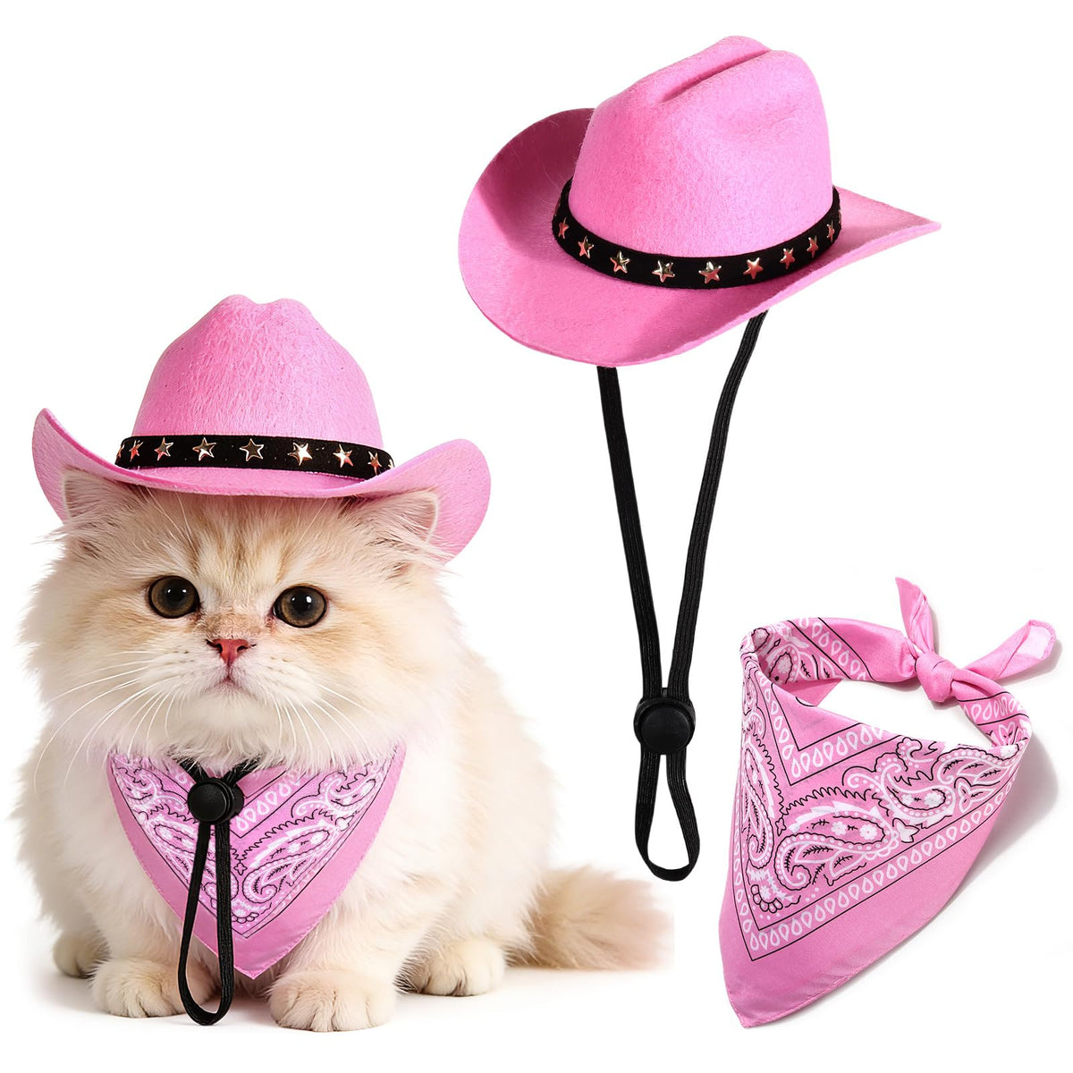 Pet Cowboy Costume, Dog Cowboy Hat with Bandana Scarf, Adjustable Cat Cowboy Hat for Party Cosplay Christmas, Halloween Cowboy Costumes for Small Pet Dogs Cats (Pink, Small)