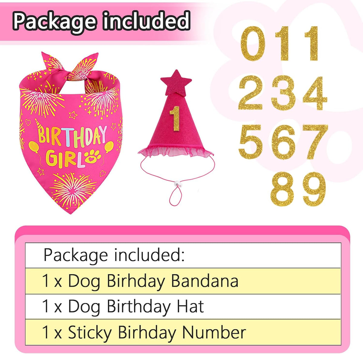 Rose Pink Girl Dog Birthday Party Supplies with Hat Bandana Numbers