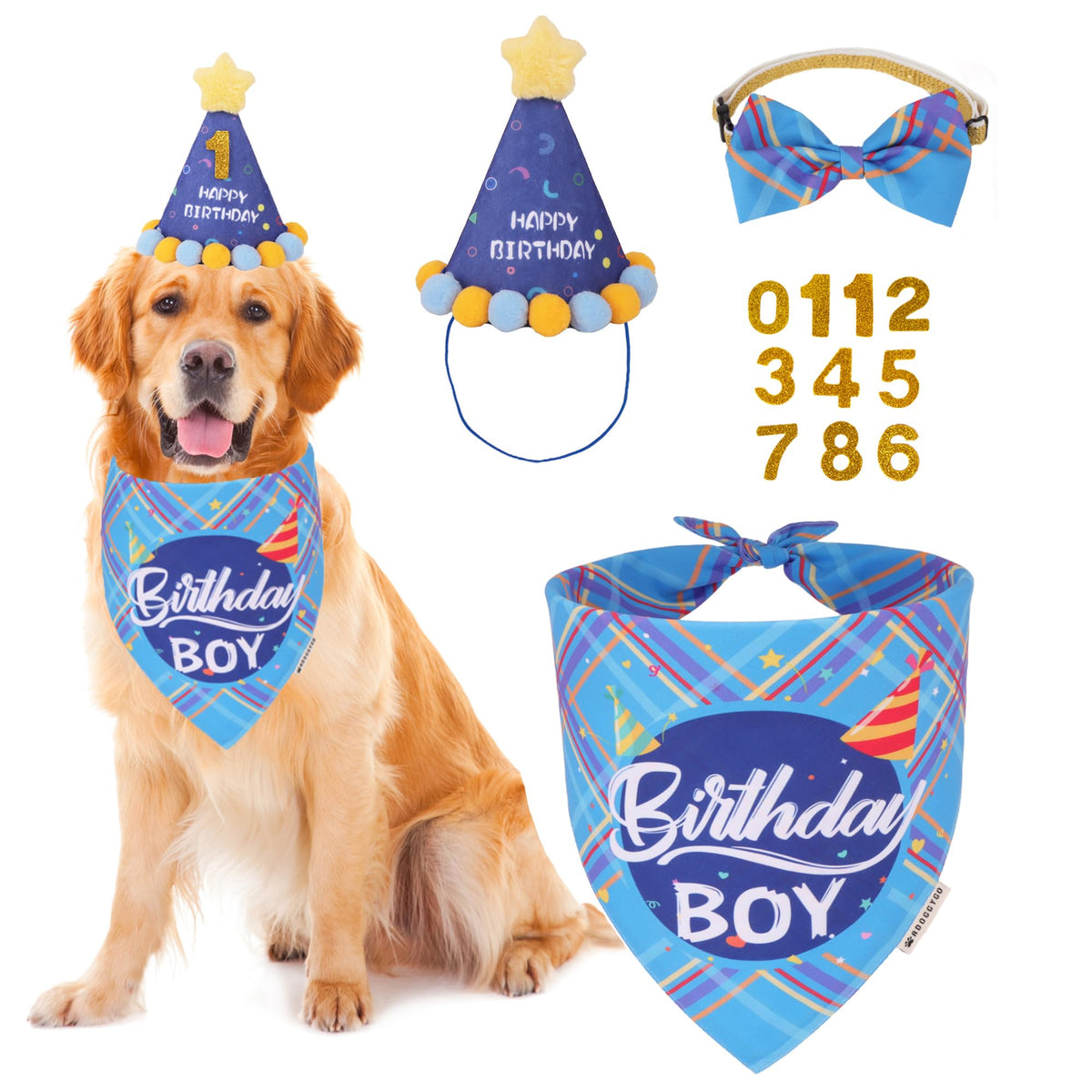 ADOGGYGO Dog Birthday Hat Bandana Set, Blue Plaid Boy Dog Bandana, X-Large
