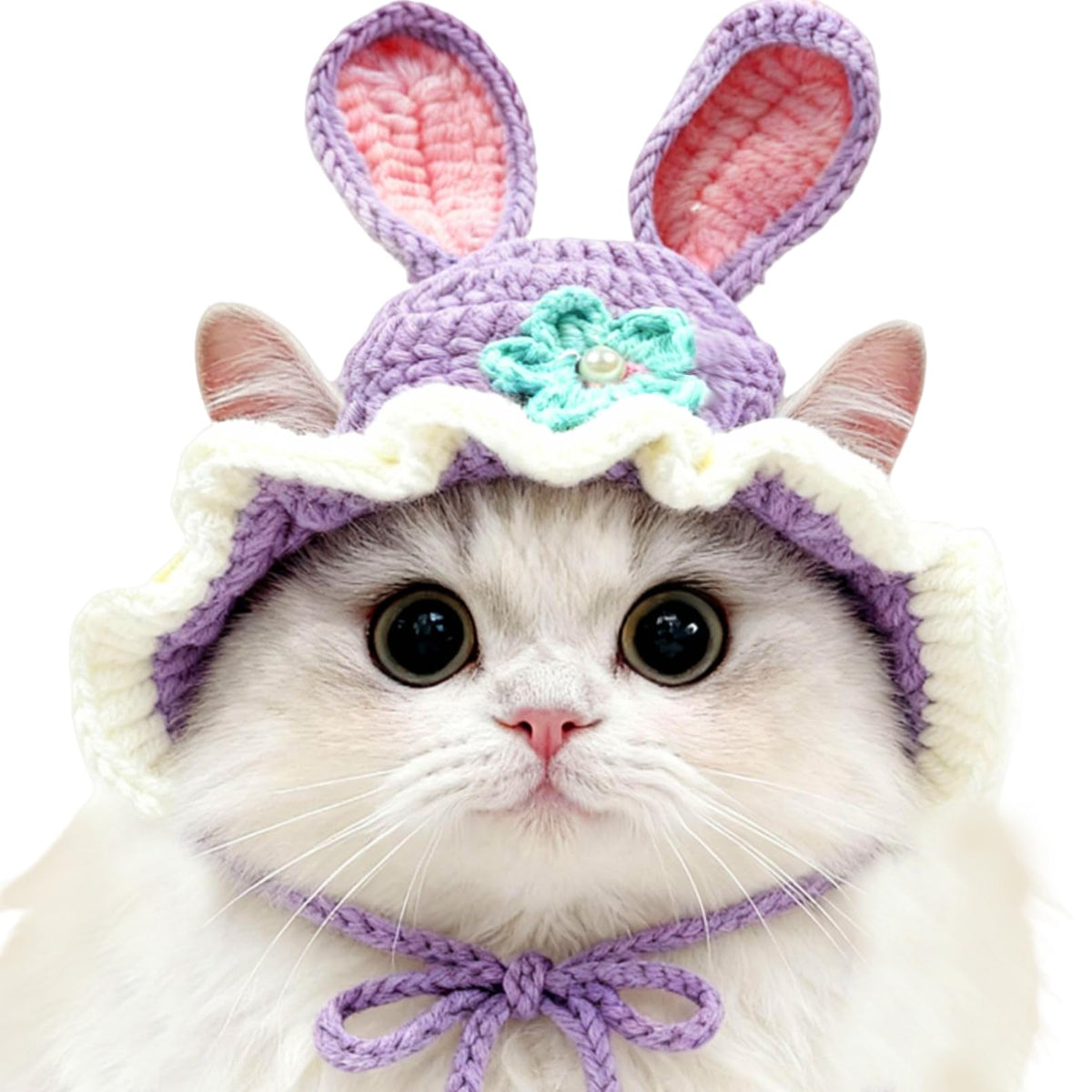 Flower Cat Hat, Cotton & Soft Cute Knitted Hats for Cats Birthday Party Spring Puppy Hat for Small Pets (Green,M)