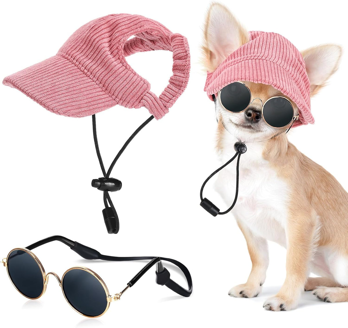 Jadive Small Dog Sun Hat with Ear Holes Dog Sunglasses, Pink
