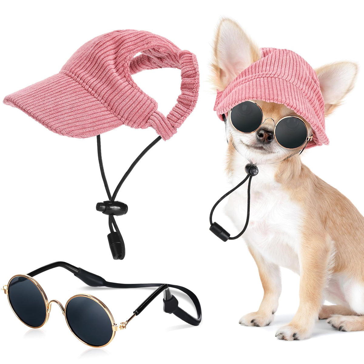 Jadive Small Dog Sun Hat with Ear Holes Dog Sunglasses, Pink