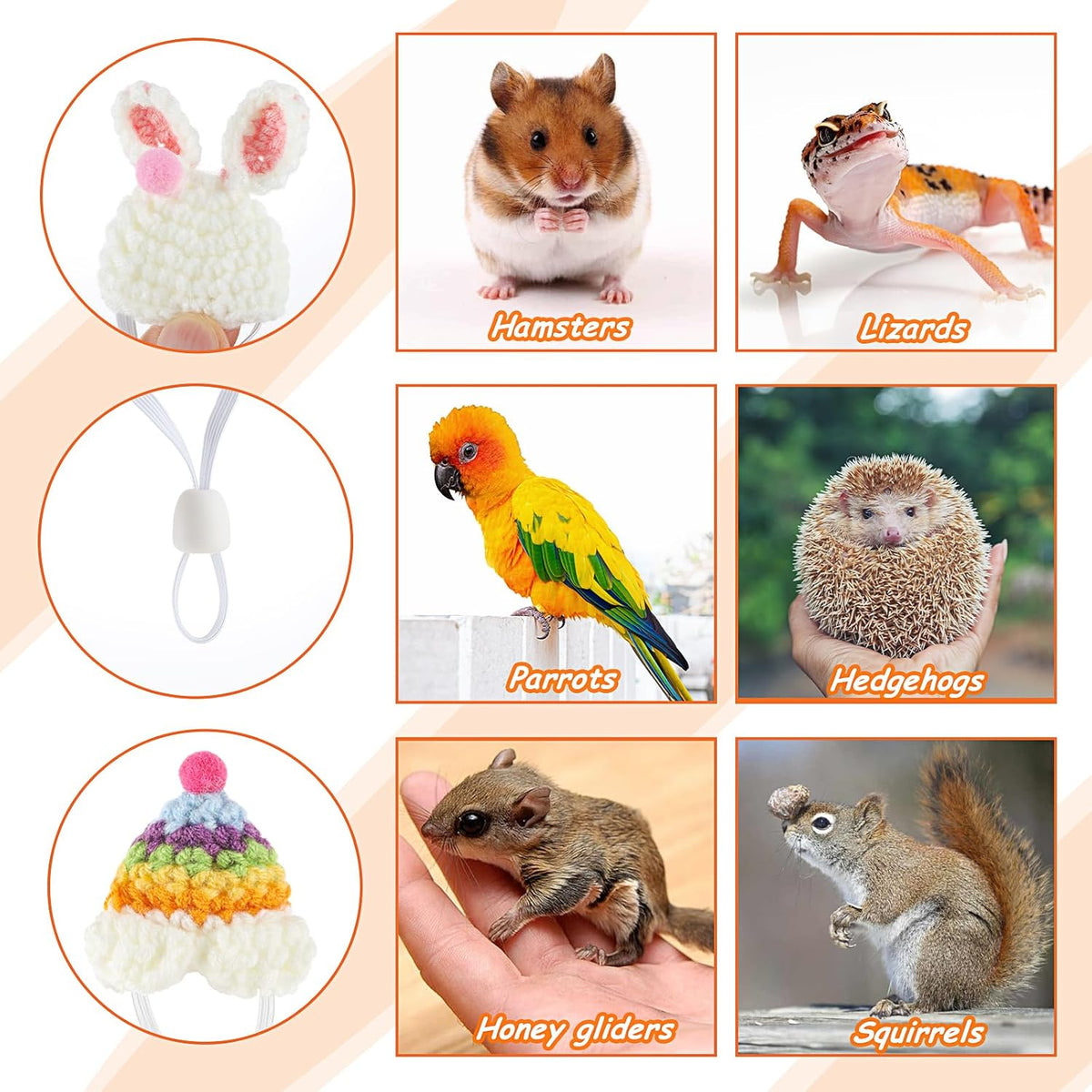 Thinp 4 Pcs Knitted Hats for Small Animals - Cute Tiny Hamster & Guinea Pig Hats with Adjustable Strap - Snake, Rainbow Bunny & Carrot Themed