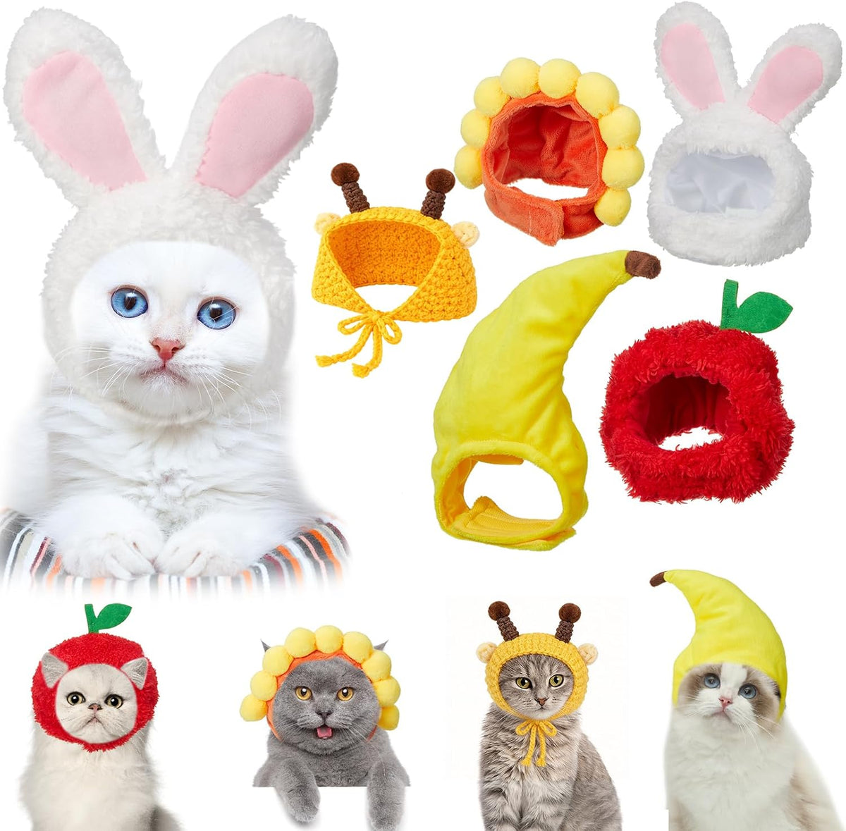 Weewooday 5 Pieces Cat Hats Costume Bunny Hat Outfit with Ears Small Dogs Kitten Puppy Party Costume Accessory Headwear(Kawaii Style)