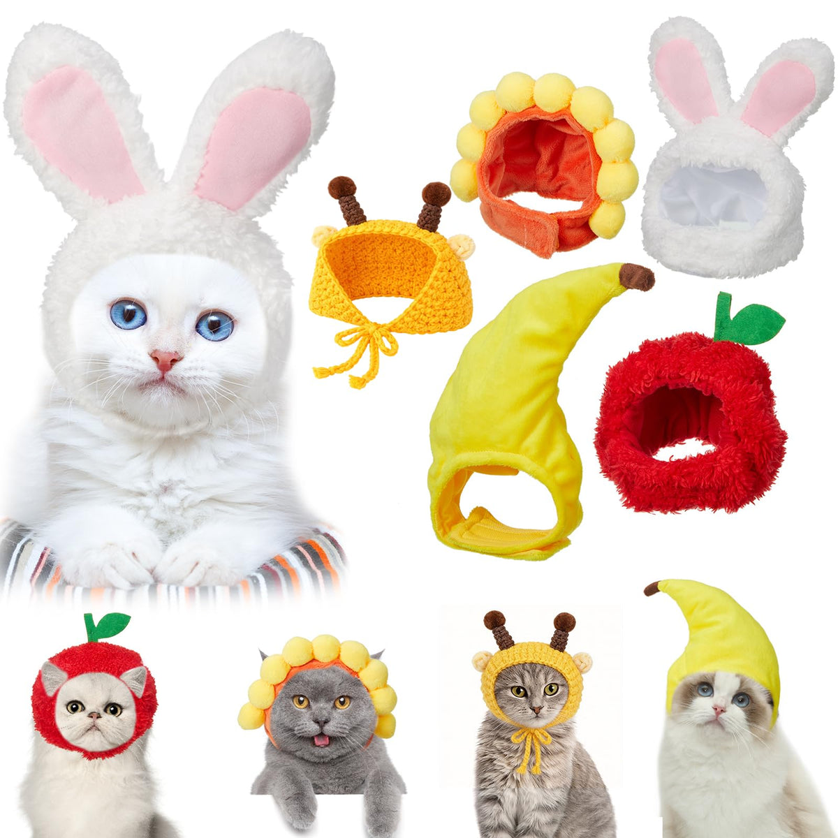 Weewooday 5 Pieces Cat Hats Costume Bunny Hat Outfit with Ears Small Dogs Kitten Puppy Party Costume Accessory Headwear(Kawaii Style)