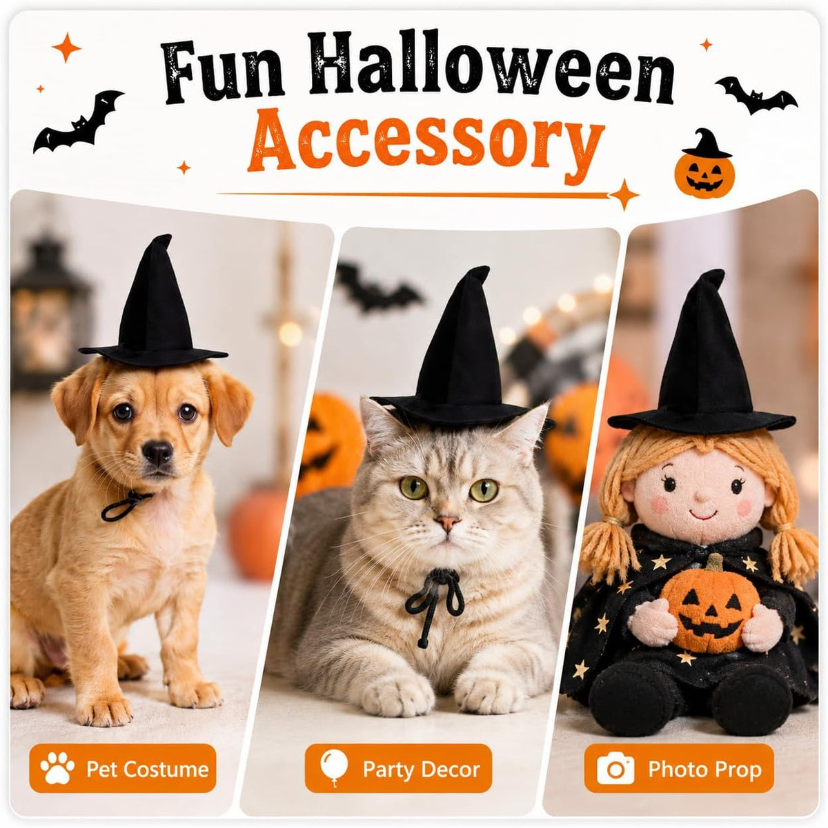 2Pcs Dog Witch Hats, Black Halloween Pet Hats for Dogs and Cats