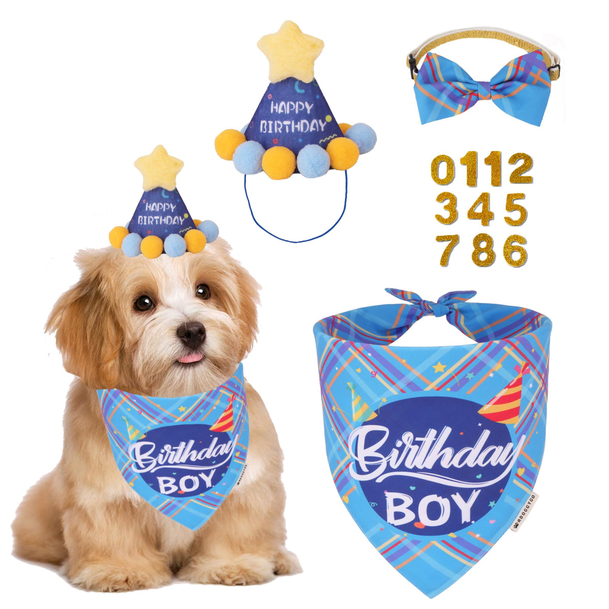 ADOGGYGO Dog Birthday Hat Bandana Set, Blue Plaid Boy Dog Bandana, X-Large