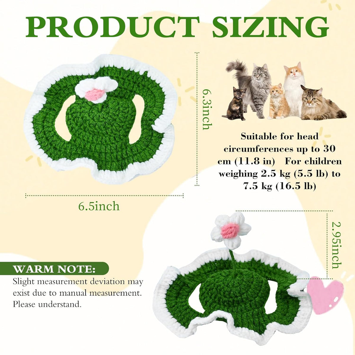 Flower Cat Hat, Cotton & Soft Cute Knitted Hats for Cats Birthday Party Spring Puppy Hat for Small Pets (Green,M)