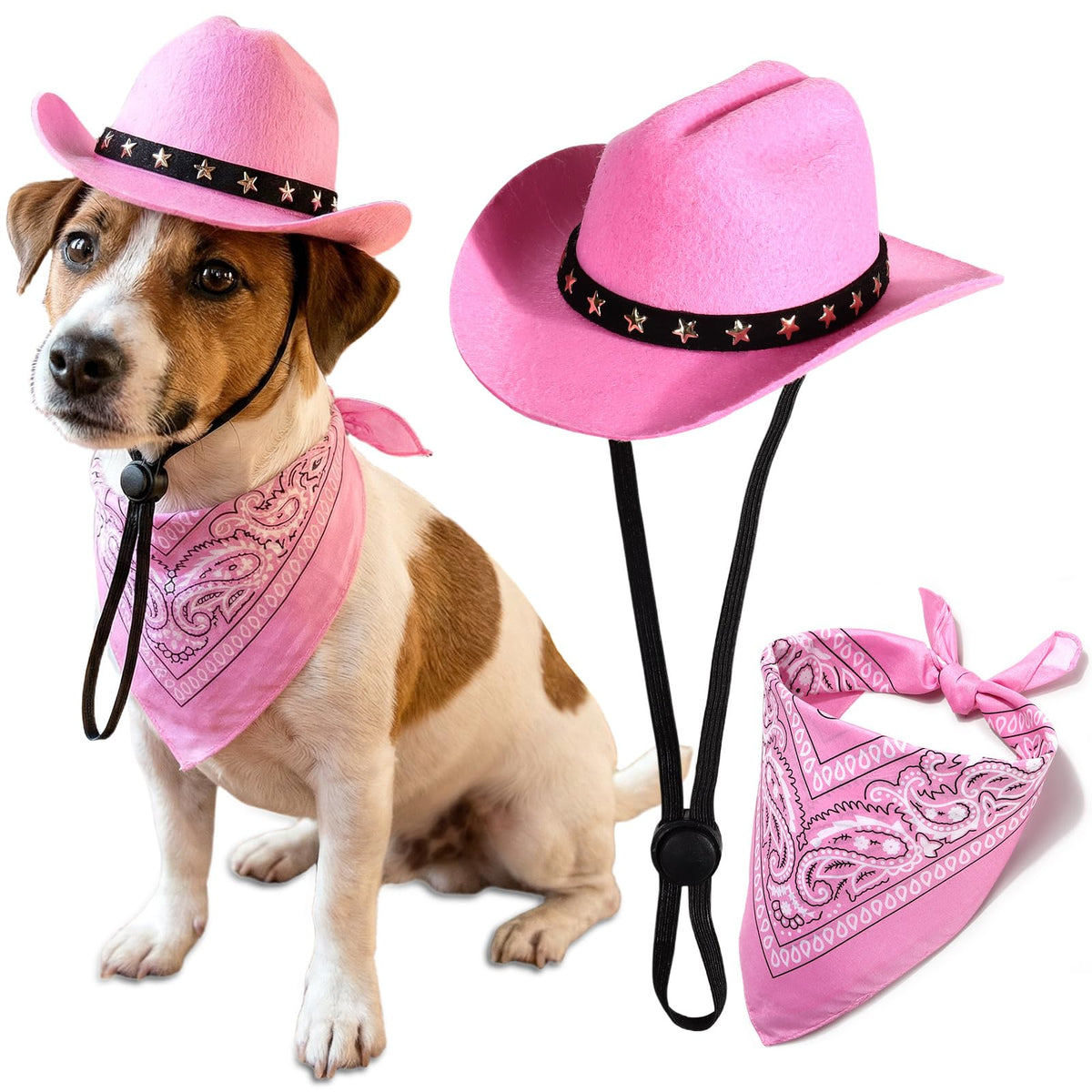 Pet Cowboy Costume, Dog Cowboy Hat with Bandana Scarf, Adjustable Cat Cowboy Hat for Party Cosplay Christmas, Halloween Cowboy Costumes for Small Pet Dogs Cats (Khaki, Small)