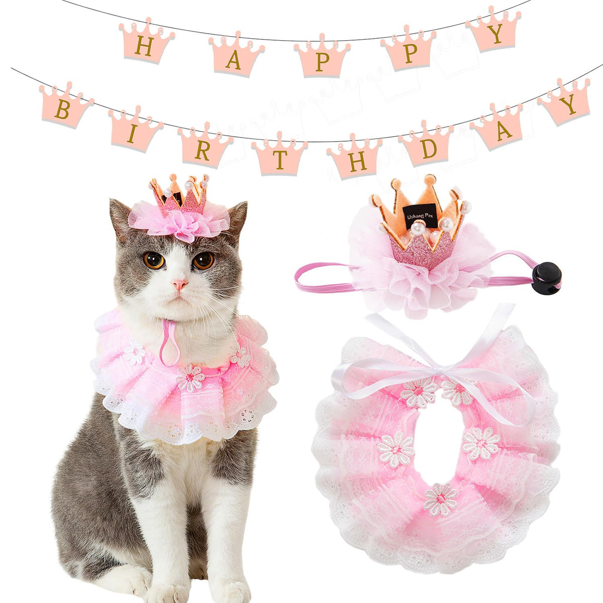 Cat Princess Costumes Cat Crown Hat & Lace Bandana Scarf Set, Puppy Party Hat for Small Dogs & Cats, Lace Outfit for Cats and Small Dogs Birthday Party (Pink)