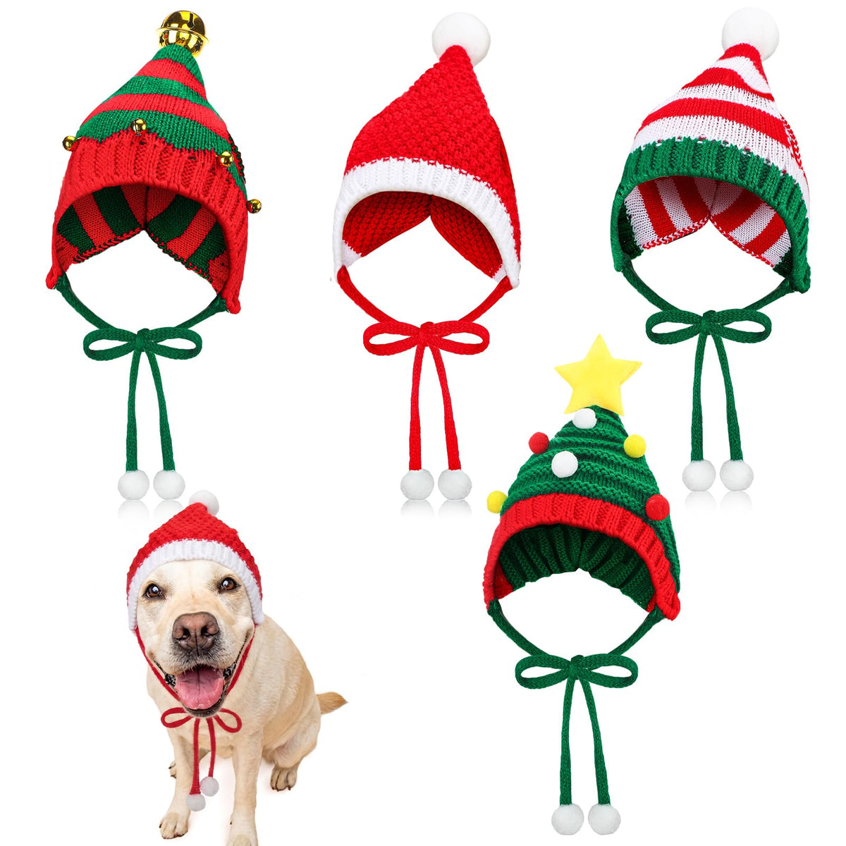 Dansydaisy 4 Pack Christmas Knitted Dog Santa Hats, Multicolor, Small