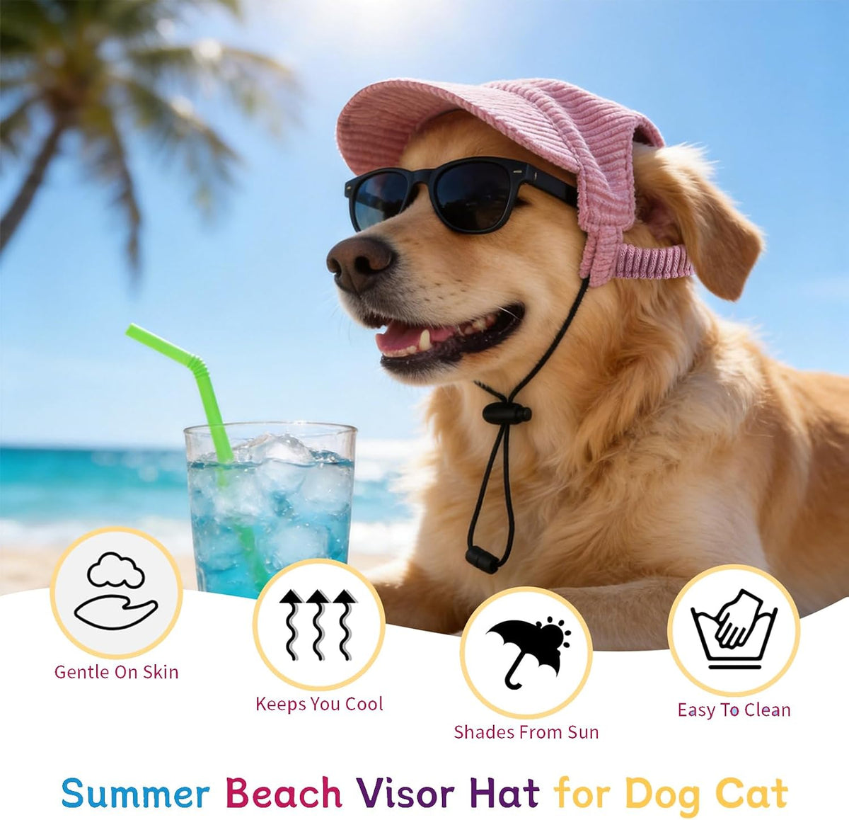 Dog Sun Hat with Ear Openings, Dog Baseball Cap with Anti-Slip Strap, Sun Protection Summer Beach Visor Hat for Dogs and Cats, Adjustable Puppy Cute Sun Cap Headdress (Pink, L)