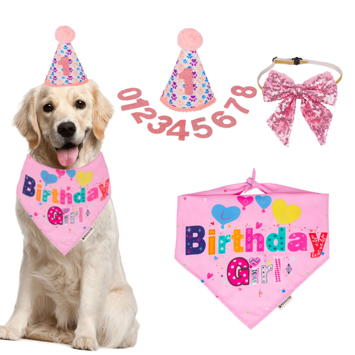 ADOGGYGO Dog Birthday Hat, Pink Birthday Girl Bandana Set, Small