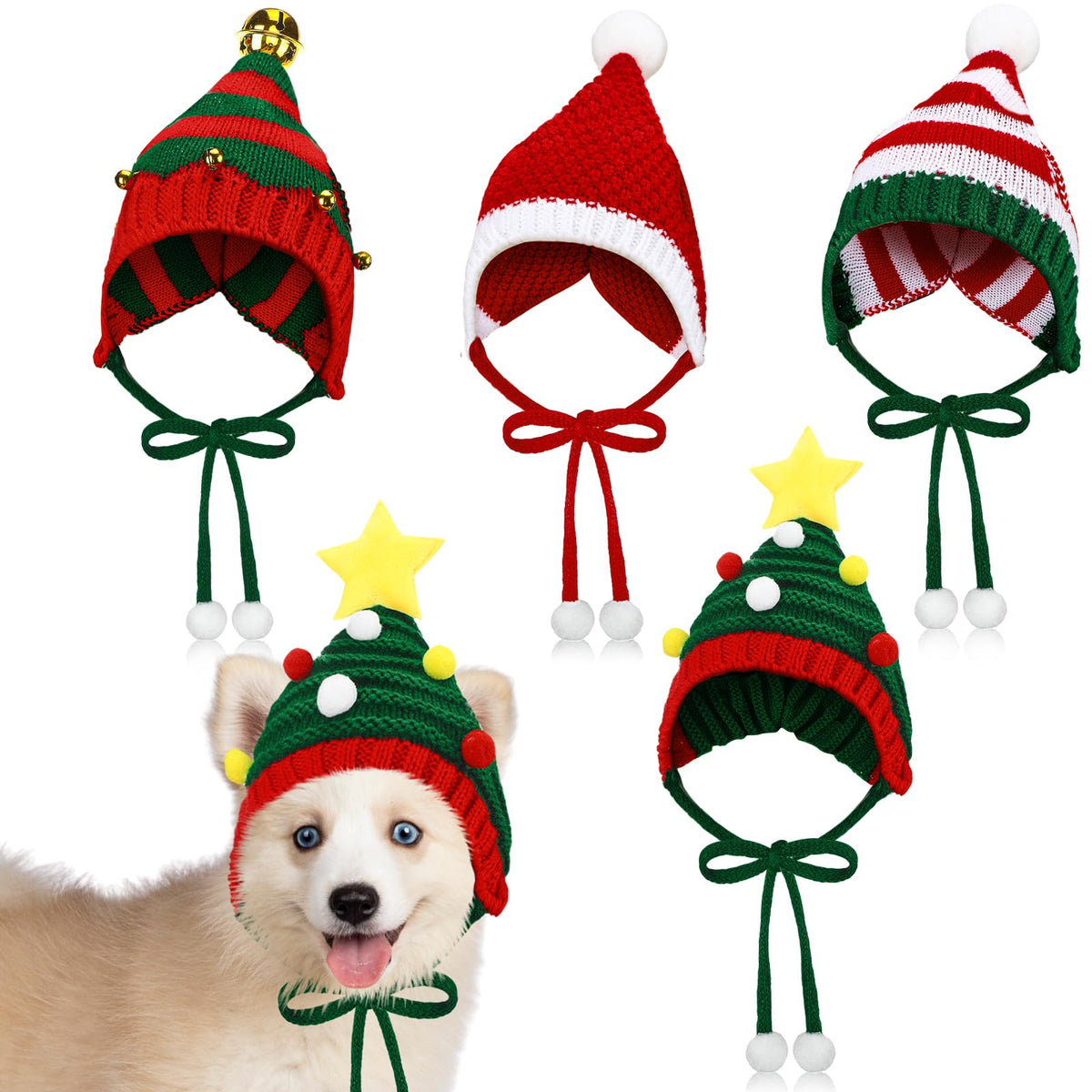 Dansydaisy 4 Pack Christmas Knitted Dog Santa Hats, Multicolor, Small