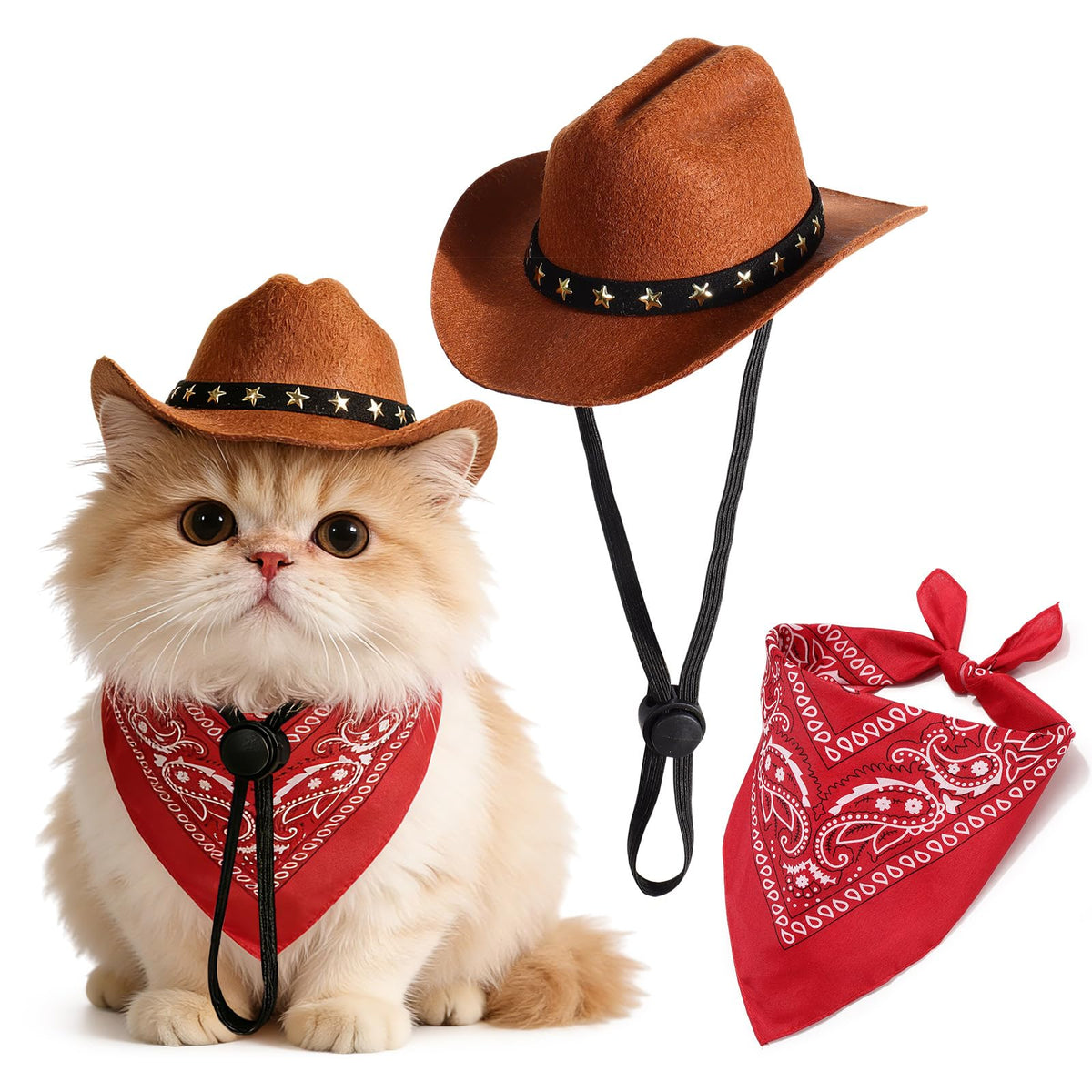 Pet Cowboy Costume, Dog Cowboy Hat with Bandana Scarf, Adjustable Cat Cowboy Hat for Party Cosplay Christmas, Halloween Cowboy Costumes for Small Pet Dogs Cats (Pink, Small)